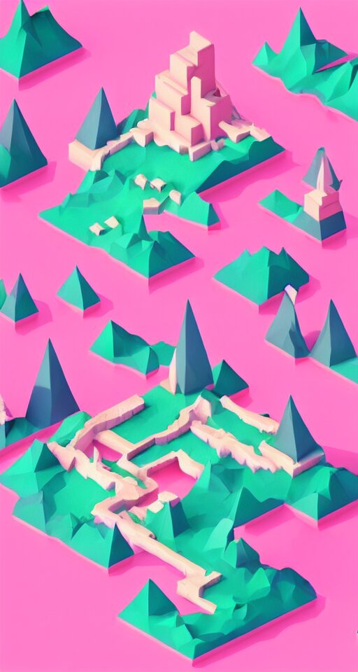 a cute little matte low poly isometric cherry blossom forest island, pink waterfalls, mist, lat lighting, soft shadows, trending on artstation, 3d render, monument valley, fez video game,