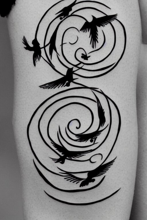 a simple tattoo design of birds flying in a 3 spiral, black ink, logo 