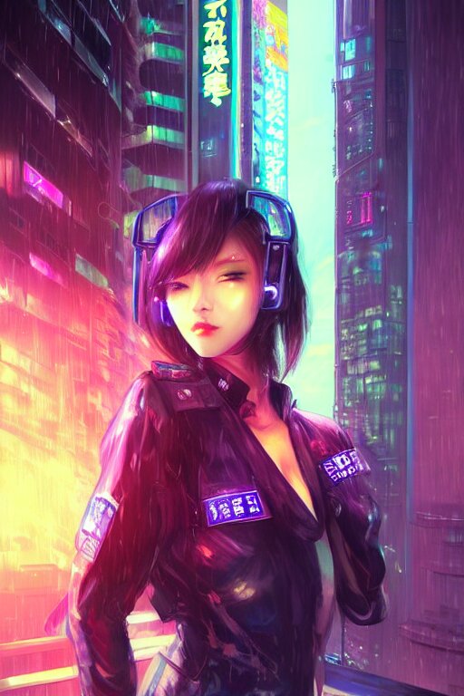 portrait futuristic kawaii cyberpunk female police, in heavy rainning futuristic tokyo rooftop cyberpunk night, ssci-fi, fantasy, intricate, very very beautiful, elegant, neon light, highly detailed, digital painting, artstation, concept art, soft light, hdri, smooth, sharp focus, illustration, art by tian zi and craig mullins and WLOP and alphonse mucha