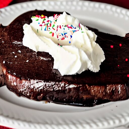 chocolate steak with whipped cream and sprinkles 