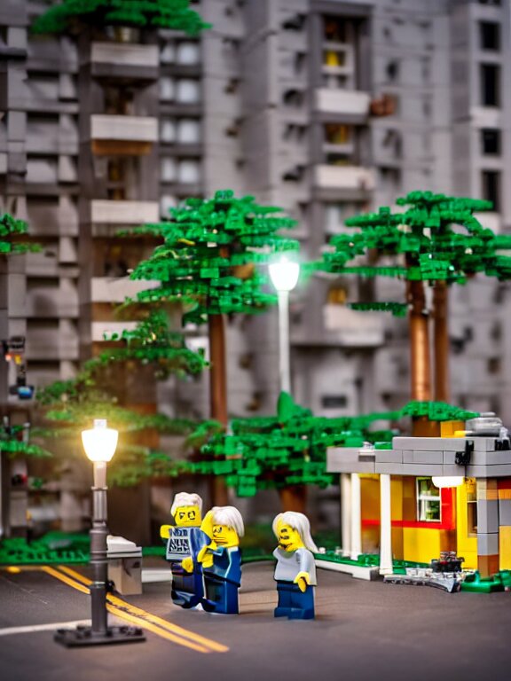 detailed miniature lego diorama a soviet residential building, brutalism architecture, car parking nearby, elderly man passing by, warm and joyful atmosphere, summer, streetlamps, several birches nearby 