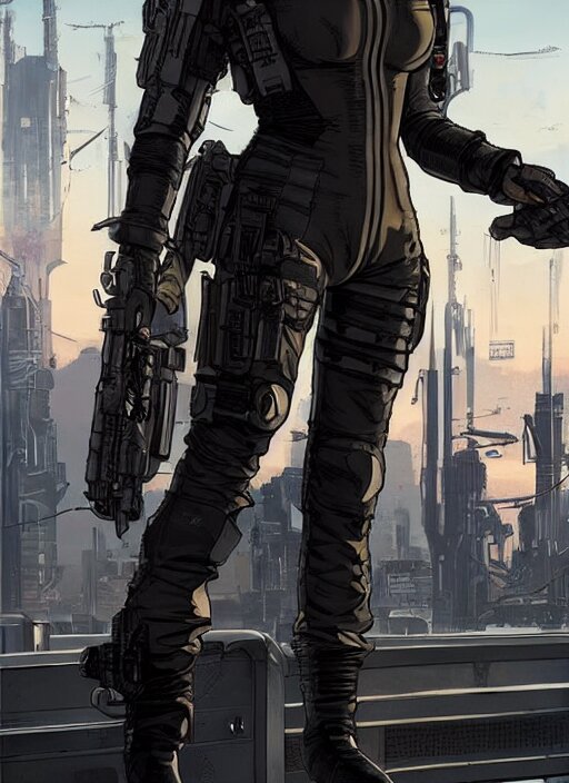 feminist selina. gorgeous female cyberpunk assassin wearing a military vest, and tactical jumpsuit. gorgeous face. realistic proportions. concept art by james gurney and laurie greasley. moody industrial skyline. artstationhq. creative character design for cyberpunk 2 0 7 7. 