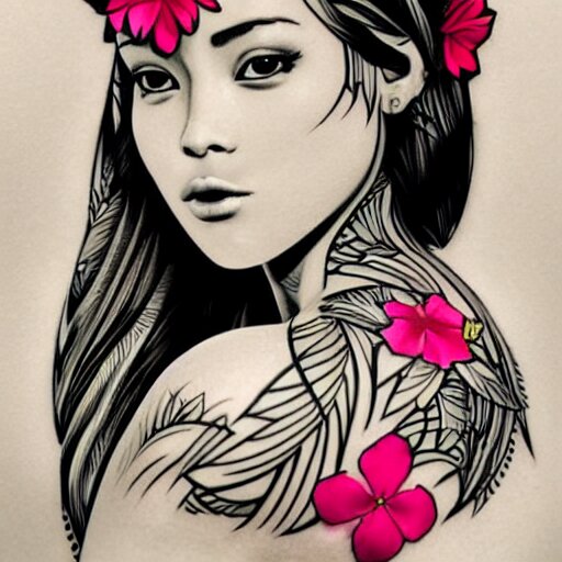 tattoo design, stencil, beach photography, tattoo stencil, traditional, beautiful portrait of a traditional Hawaiian girl with flowers in her hair, upper body, by artgerm, artgerm, artgerm, digital art, cat girl, anime eyes, anime, sexy, super model-s 100