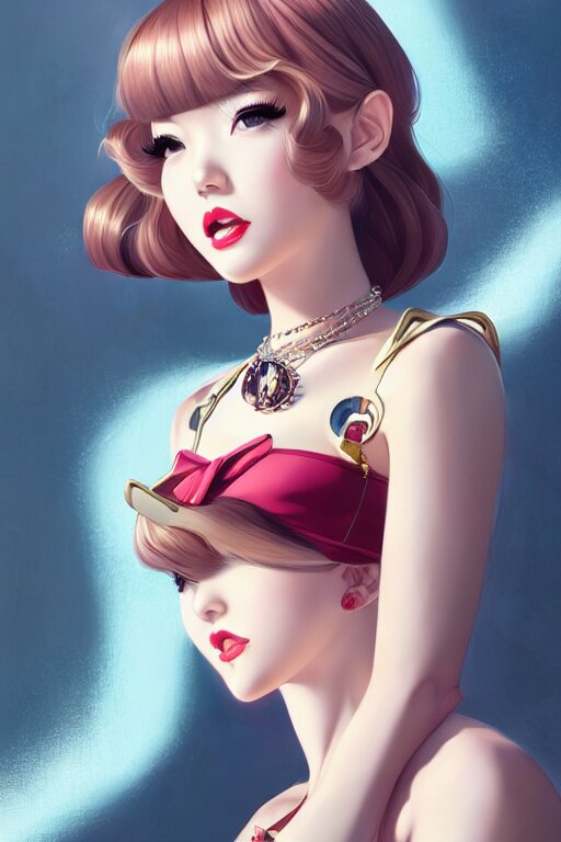 a pin up and beautiful fashion dreamlke japan girl with lv jewelry, character art, art by artgerm and wlop and and ilya kuvshinov, hyperdetailed, 8 k realistic, symmetrical, frostbite 3 engine, cryengine, dof, trending on artstation, digital art, chanel, dior, fantasy background 