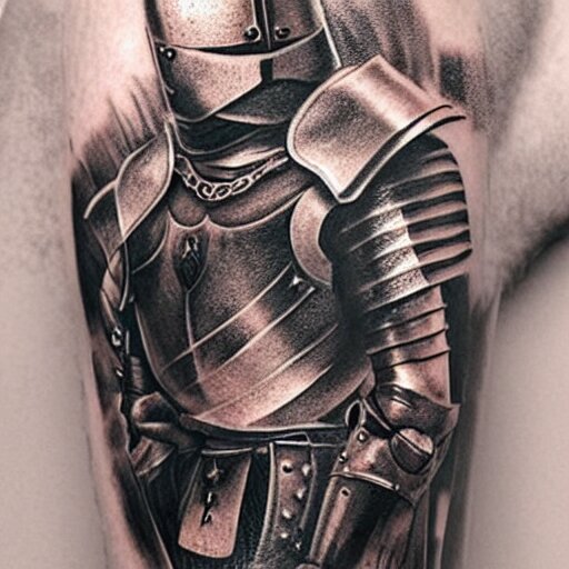 A knight in armor, tattoo, tattoo art, Black and grey tattoo style