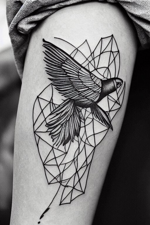 a beautiful tattoo design of minimalist flying swallows, flying into geometric spirals, black ink, abstract logo, line art 