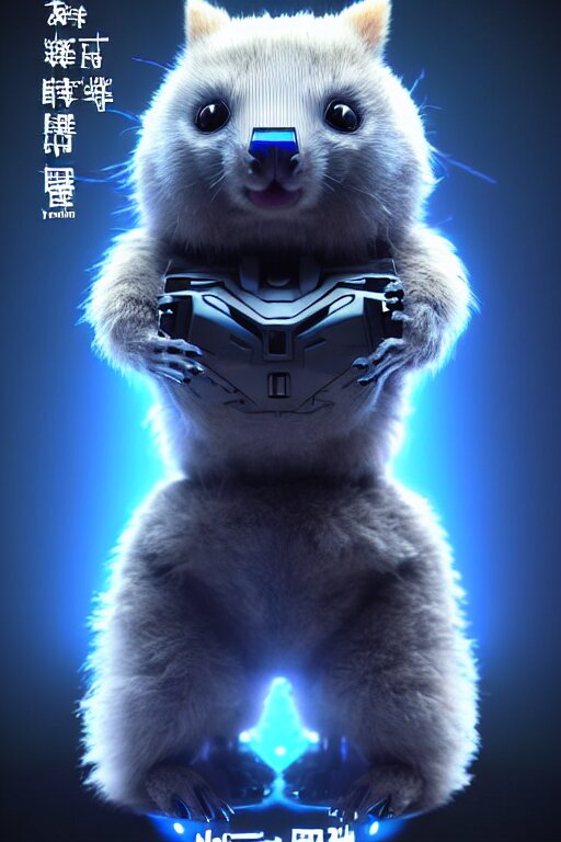 high quality 3 d render sci - fi very cute mecha & fluffy! wombat!! hybrid! fighting, highly detailed, unreal engine cinematic smooth, in the style of blade runner & detective pikachu, hannah yata charlie immer, dark blue neon light, low angle, uhd 8 k, sharp focus 