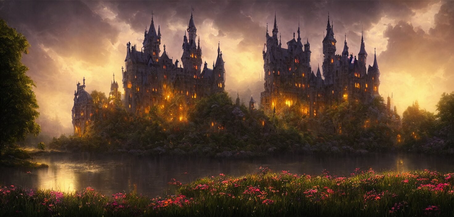 fabulous gothic castle surrounded by flowers, a castle by the river in the evening twilight, cinematic view, epic sky, detailed, concept art, low angle, high detail, warm lighting, volumetric, godrays, vivid, beautiful, trending on artstation, by jordan grimmer, huge scene, grass, art greg rutkowski 