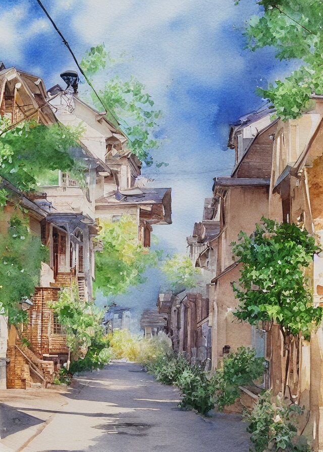 street lined with old residential houses summer watercolor by arti chauhan trending on artstation 