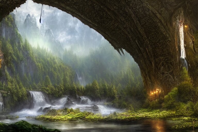 rivendell from lord of the rings matte painting by yanick dusseault and dylan cole, artstation, 4 k, insanely detailed, 