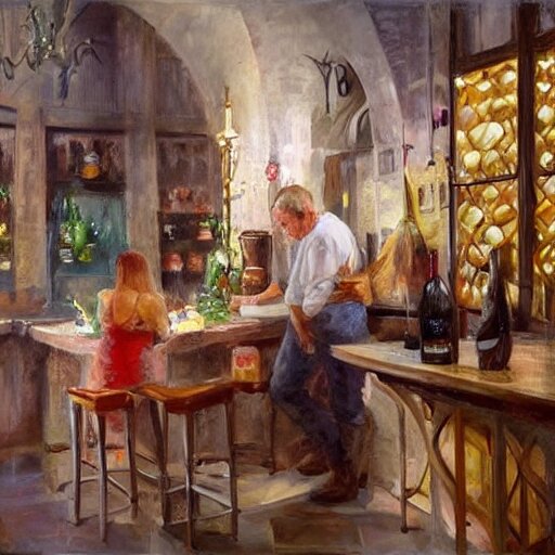 wine cellar full of food, torches on the wall, schnapps, romantic, inviting, cozy, blonde woman, painting Vladimir Volegov