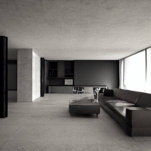 brutalist house interior design ominous dark powerful giant open space high quality furniture octane render 