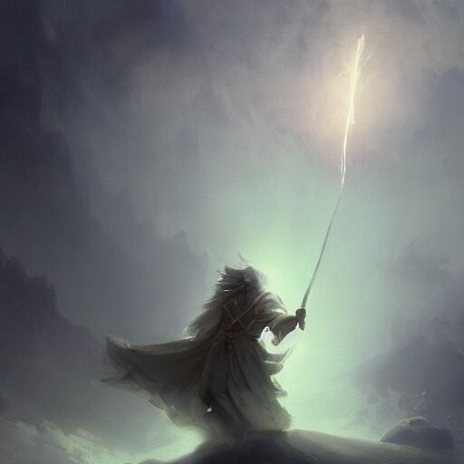 cinematic shot epic portrait an wizard with gray hair and long beard casting a spell with a magic wand, glowing, magic, broad light, ambient occlusion, volumetric light effect, made by ivan aivazovsky, peter mohrbacher, greg rutkowski, matte painting, trending on artstation, 4 k, perfectly defined features, digital painting, cinematic, epic, highly detailed, 