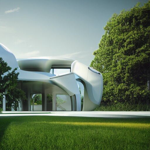 a house in the future house, retrofuturim, lawn, trees, white picket fence, futuristic flying car parked on the landing pad, realistc octane render, depth of field, soft lighting, 8k