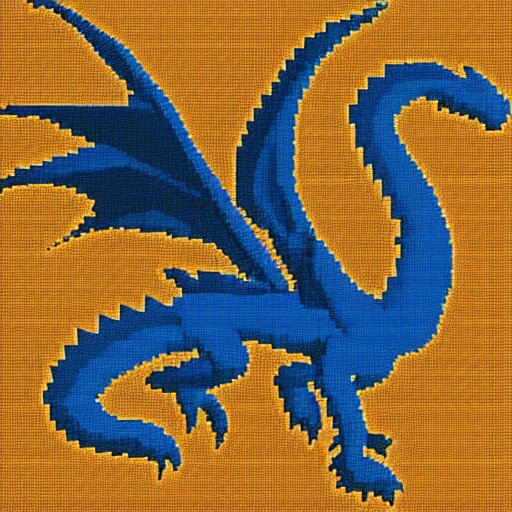 blue blueprint of a fantasy dragon pixel art 