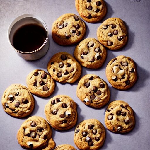 opulent banquet of freshly baked chocolate chip cookies, delicious, glistening, chocolate sauce, marshmallows, highly detailed, food photography, art by rembrandt 