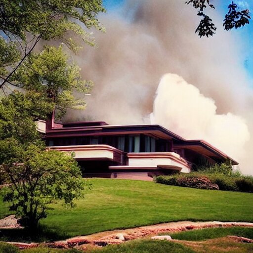 “ an idyllic hill with many small frank lloyd wright houses with cute stylized smoke rising from their chimneys ” 