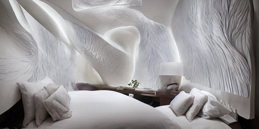 a cozy bedroom decorated by Zaha Hadid, detailed, high resolution, wow!, intricate