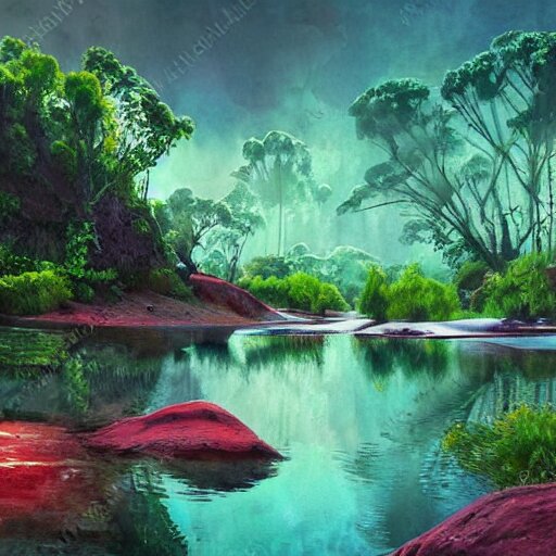 beautiful watercolor of a lush natural scene on a colourful alien planet by vincent bons. ultra sharp high quality digital render. detailed. beautiful landscape. weird vegetation. water. soft colour scheme. grainy. 