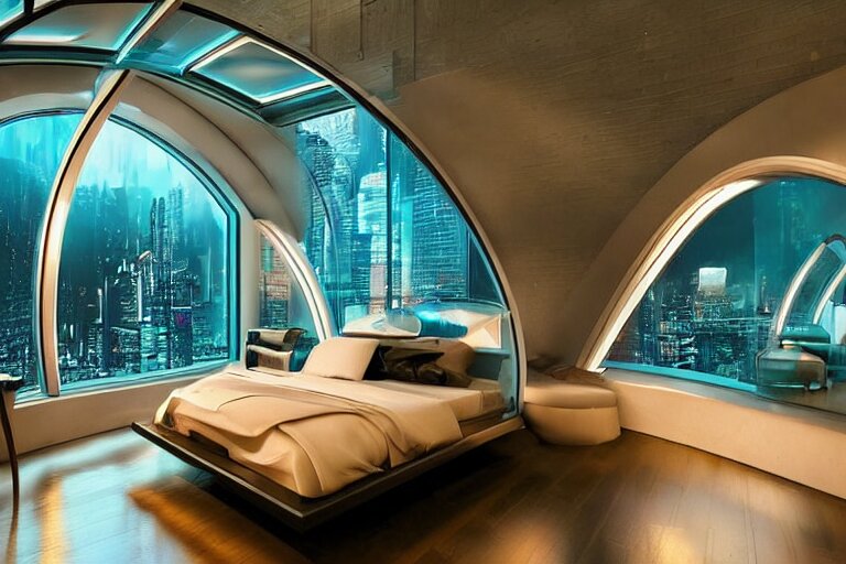 a futuristic bedroom with large curved ceiling high windows looking out to a far future cyberpunk cityscape, cyberpunk neon lights, raining, scifi