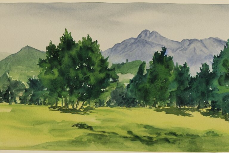 green landscape with trees and mountains in the distance, watercolor 