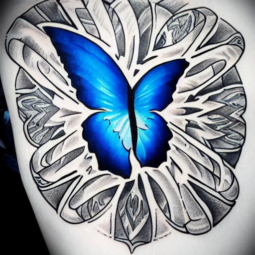 tattoo design, stencil, traditional, big blue diabetes ribbon transforming into a butterfly, upper body, by artgerm, artgerm, digital art