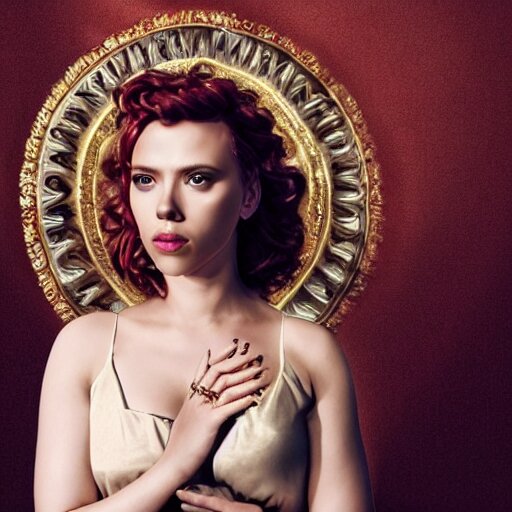 scarlett johansson dressed as a greek goddess in front of a ring of sapphire rose ring, ornate gold border, vignette, warm tri - color, subtle chromatic aberration, painted by francis goya 