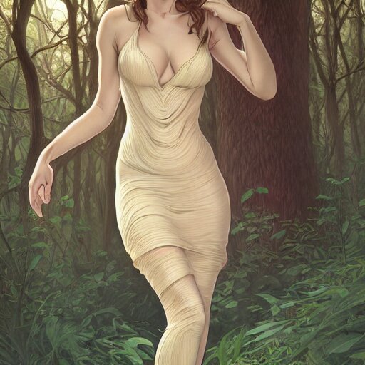 full body portrait of a female wearing a skintight dress in a forest, large thighs, perfect face, intricate, elegant, highly detailed, digital painting, artstation, smooth, sharp focus, illustration, art by artgerm and greg rutkowski and alphonse mucha, 8 k 