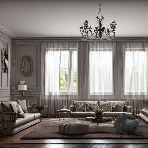 a detalied 3 d render of a country chic living room, by valentin franke, ilya galinsky trending of artstation, photorealism 