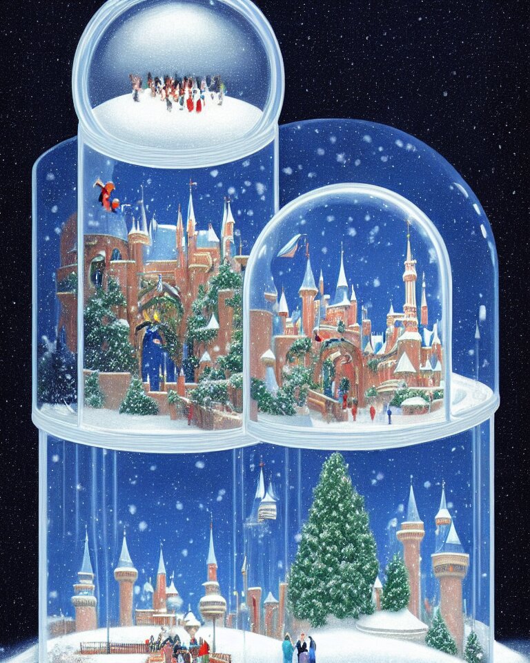 an achingly beautiful print of one cylindrical snow globe with disneyland inside by raphael, hopper, and rene magritte. detailed, proportional, romantic, vibrant, enchanting, trending on artstation 