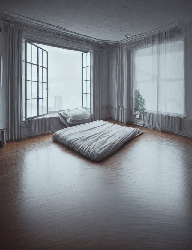 an ultra wide angle photo of a bed hovering above the floor in the middle of a giant bedroom with windows opening to other worlds by casey weldon and lee madgewick, photorealistic, octane render, recursive!!!!, flowing!!!!, cascading, multiverse!!!!, labyrinthine!!!! 