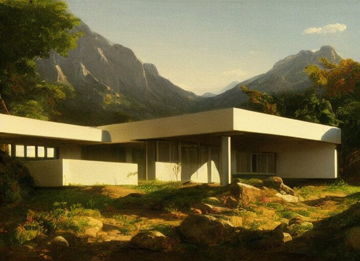 painting of a richard neutra house in front of beautiful mountains by thomas cole 