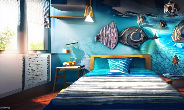 a futuristic bedroom deep under the sea, photorealistic magazine picture, studio lighting, cozy, extremely detailed and realistic 