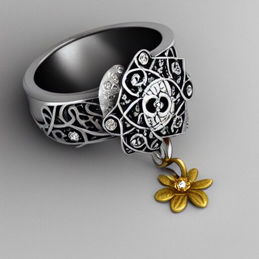 intricate!! nordic ring and necklace and ear, silver and gold and diamond, isolated on a white background and a flower in the background, refraction, occlusion, filigree, lower and upper levels, keyshot render, octane render, vray render 