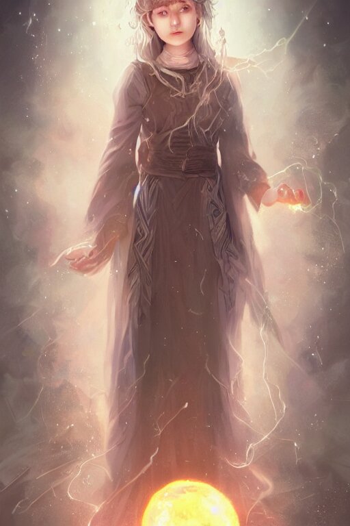 a cute wizard girl conjuring a lightening ball, character art portrait, anime key visual, official media, illustrated by tom bagshaw, wlop, kentaro miura, extremely detailed, 8 k, trending on artstation, cinematic lighting, beautiful 