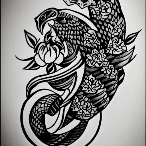 tattoo design, stencil, tattoo stencil, traditional, a cobra with its fangs out surrounded by flowers