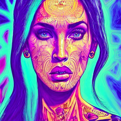 an extremely psychedelic portrait of megan fox as mgk, surreal, lsd, face, detailed, intricate, elegant, lithe, highly detailed, digital oth, sharp focus, illustration, 