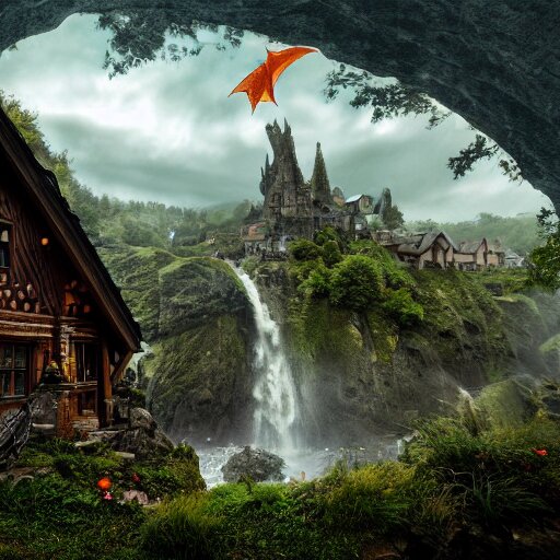 a dragon flying over medieval hobbit homes, ornate, beautiful, atmosphere, vibe, mist, smoke, chimney, rain, well, wet, pristine, puddles, waterfall, clear stream, bridge, orange, green, stained glass, forest, flowers, concept art illustration, color page, 4 k, tone mapping, doll, akihiko yoshida, james jean, andrei riabovitchev, marc simonetti, yoshitaka amano, digital illustration, greg rutowski, volumetric lighting, sunbeams, particles, rembrandt 