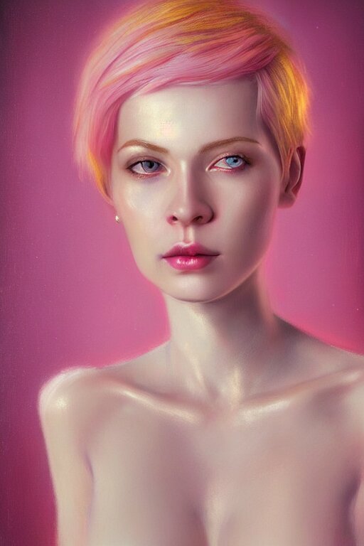 Portrait of a beautiful pale skin Nordic female with short pink hair, elegant, photorealistic, highly detailed, artstation, smooth, sharp focus, gold ornaments, neon lighting, sci-fi, art by Klimt.