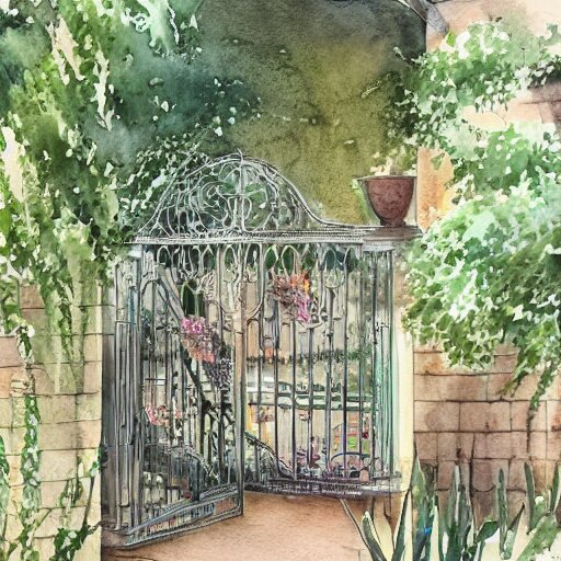 delicate, garden, paved, botanic watercolors, iridescent, 8 k, realistic shaded, fine details, artstation, italian, chairs, iron gate, pine maritime, mediterranean 