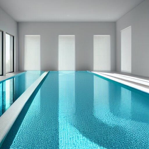 a new swimming pool in a large white room with a door that leads to a gray room with on light on in it. dream like. 