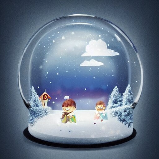 summer weather inside a snowglobe. Beautiful colorful clouds in moody greys and blues. High quality digital art, trending on artstation