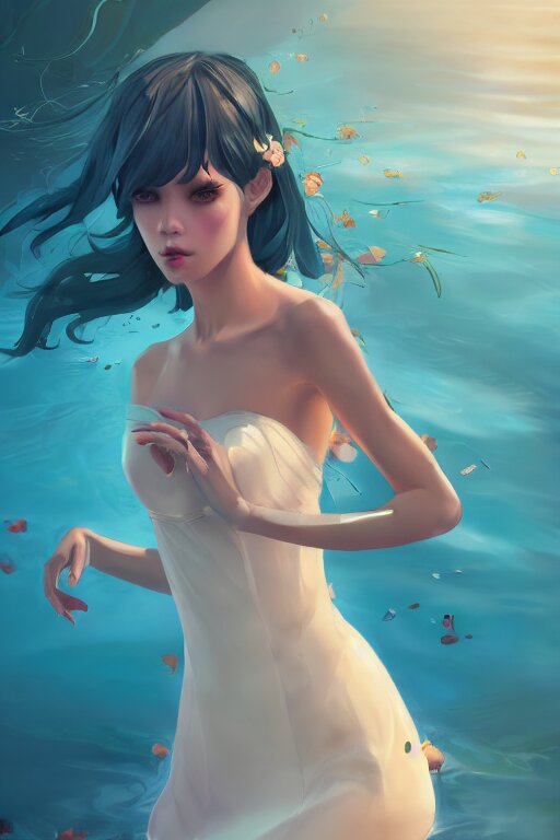 a beautiful fashion goddness of love, chic strapless dress, tropical sea background, character design, in the style of artgerm, and wlop, cinematic lighting, hyperdetailed, 8 k realistic, symmetrical, global illumination, radiant light, frostbite 3 engine, cryengine, dof, trending on artstation, digital art 