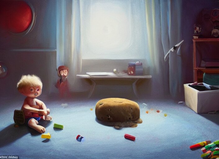 lonely toddler elon musk sitting on a shaggy rug playing with his little rockets, bedroom, realistic painting, beautiful soft lighting, istvan sandorfi 