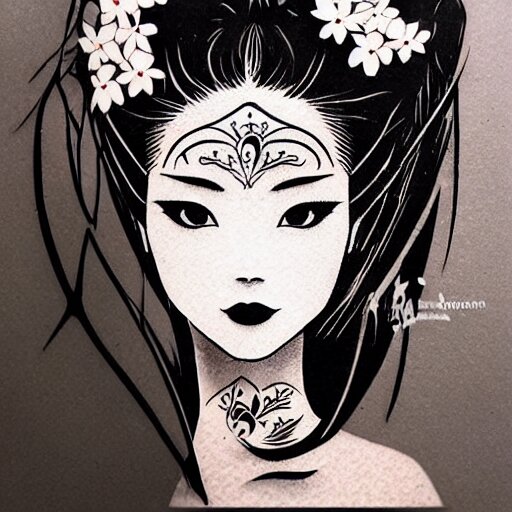 tattoo design, stencil, stencil on paper, tattoo stencil, traditional, beautiful portrait of a traditional Japanese girl with flowers in her hair, upper body, by artgerm, artgerm, artgerm, digital art, cat girl, anime eyes, anime, sexy, super model-s 100