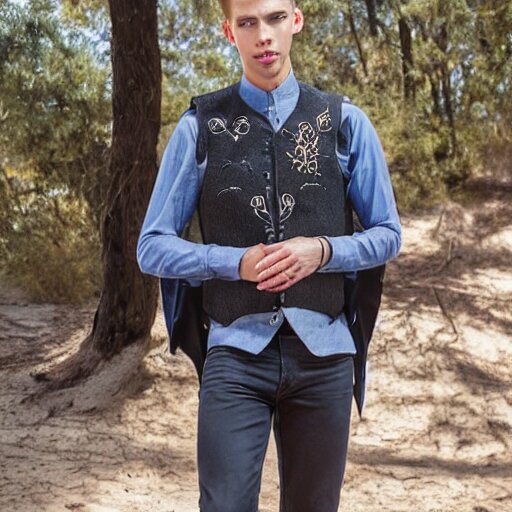 Portrait photo of adult Austin Butler with exposed dark-hair head, dressed in grey-prussian blue Tudoresque-Gigeresque casual garb, and griffin-embroidered nanocarbon-vest, in an arena in Dune 2021, XF IQ4, f/1.4, ISO 200, 1/160s, 8K