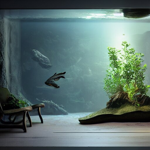 a spacious room with freshwater aquariums as walls, dim light, hyper realistic, ambient lighting, concept art, intricate, hyper detailed, smooth, dynamic volumetric lighting, octane, raytrace, cinematic, high quality, high resolution, 4 k, cgsociety, rutkowski, gurney 