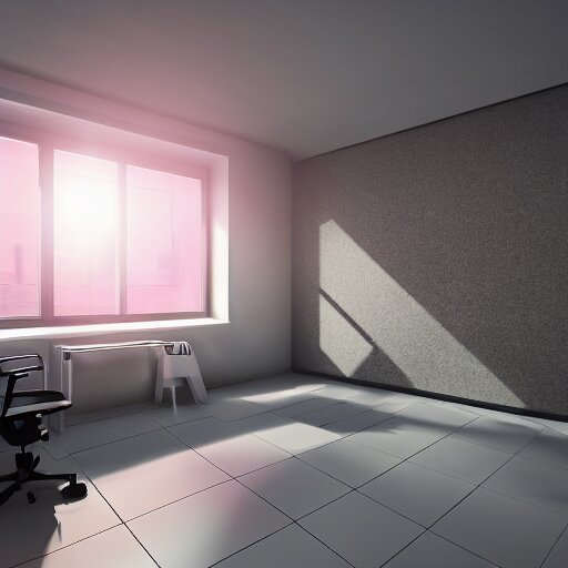 a white empty pink office with sun rays looming down, with a pool inside, dynamic lighting, photorealistic concept art, trending on art station, stunning visuals, creative, cinematic, ultra detailed, ray tracing 