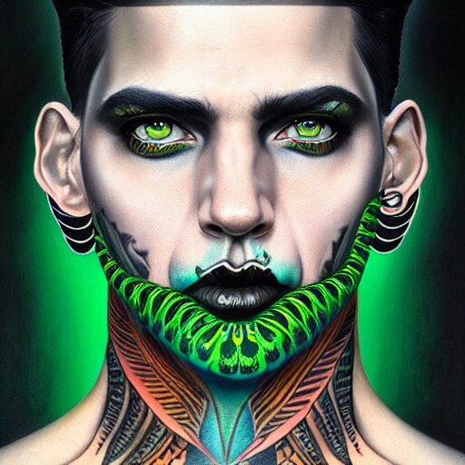 ultra realistic portrait painting of a perfect handsome man green eyes black and grey hair, neck tribal snake tattoo,  painted by Tristan Eaton Stanley Artgerm and Tom Bagshaw