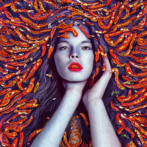 the portrait of an unbelievably beautiful and sophisticated young woman made up of peppers looking straight up, an ultrafine detailed illustration by james jean, intricate linework, bright colors, final fantasy, behance contest winner, vanitas, angular, altermodern, unreal engine 5 highly rendered, global illumination, radiant light, detailed and intricate environment 